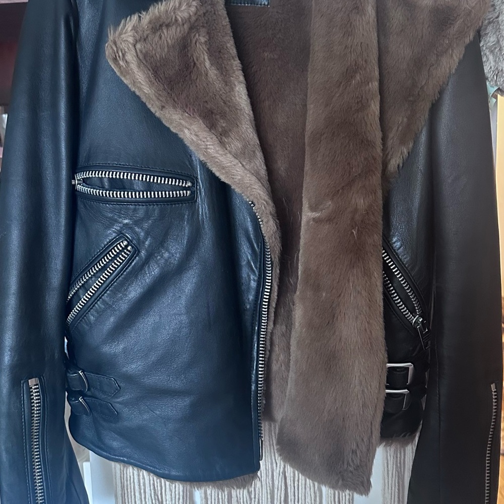 All Saints Black Leather Jacket with Brown Fur Trim size 2